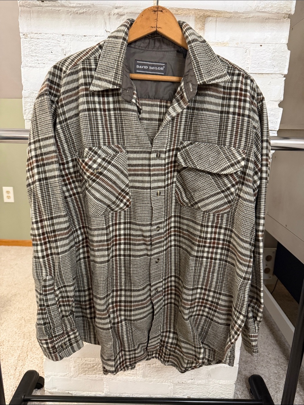 David Taylor Plaid Button-Down Shirt Jacket in Brown and Cream